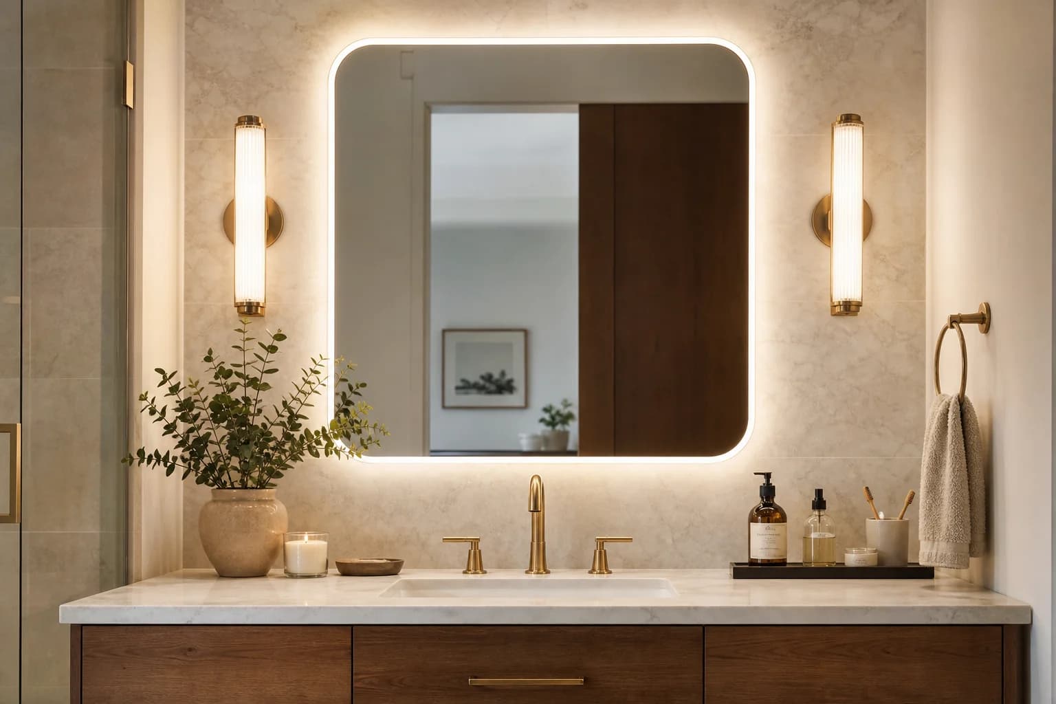 Warm even lighting illustrating a well-lit bathroom vanity mirror