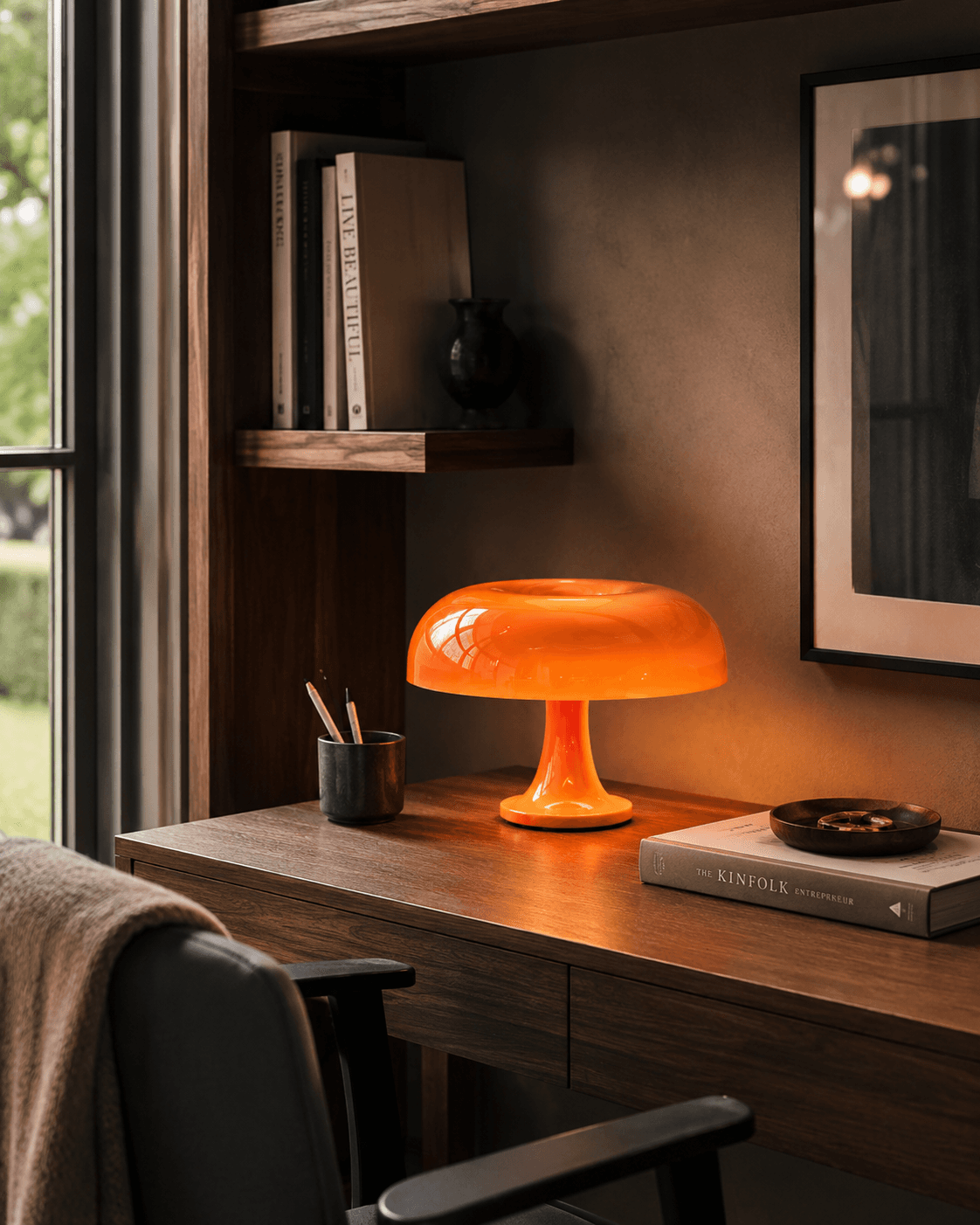 Lamp lighting a room with a soft warm glow