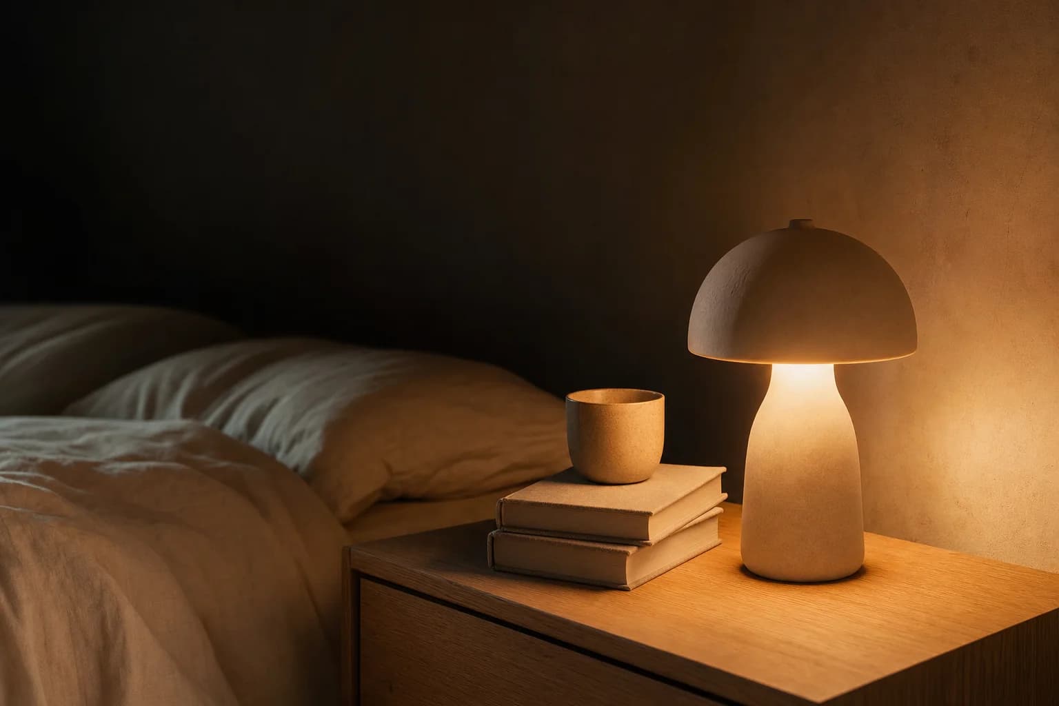 Warm mushroom table lamp glowing on a bedside table after dark