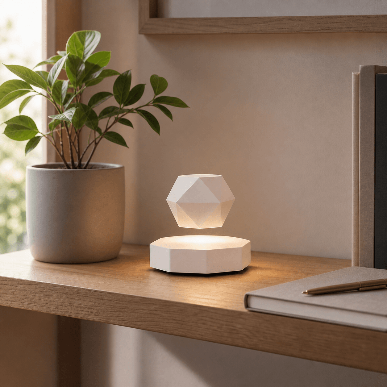Floating Geometric Night Light styled on a quiet bedside