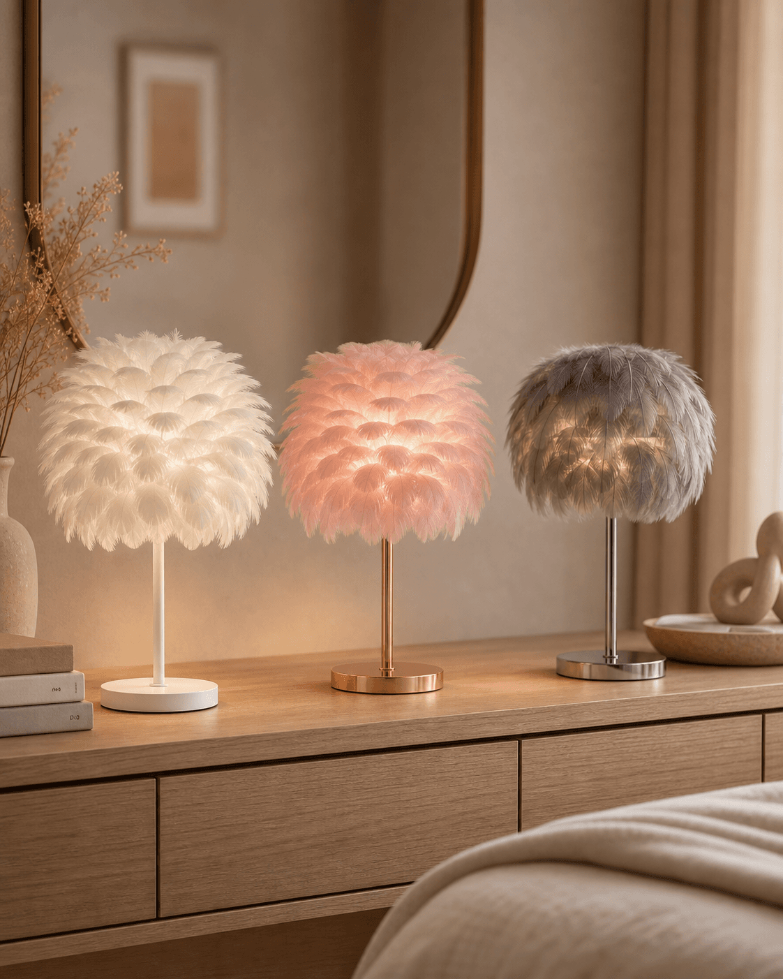 Feather Table Lamp | White, Pink & Grey product image