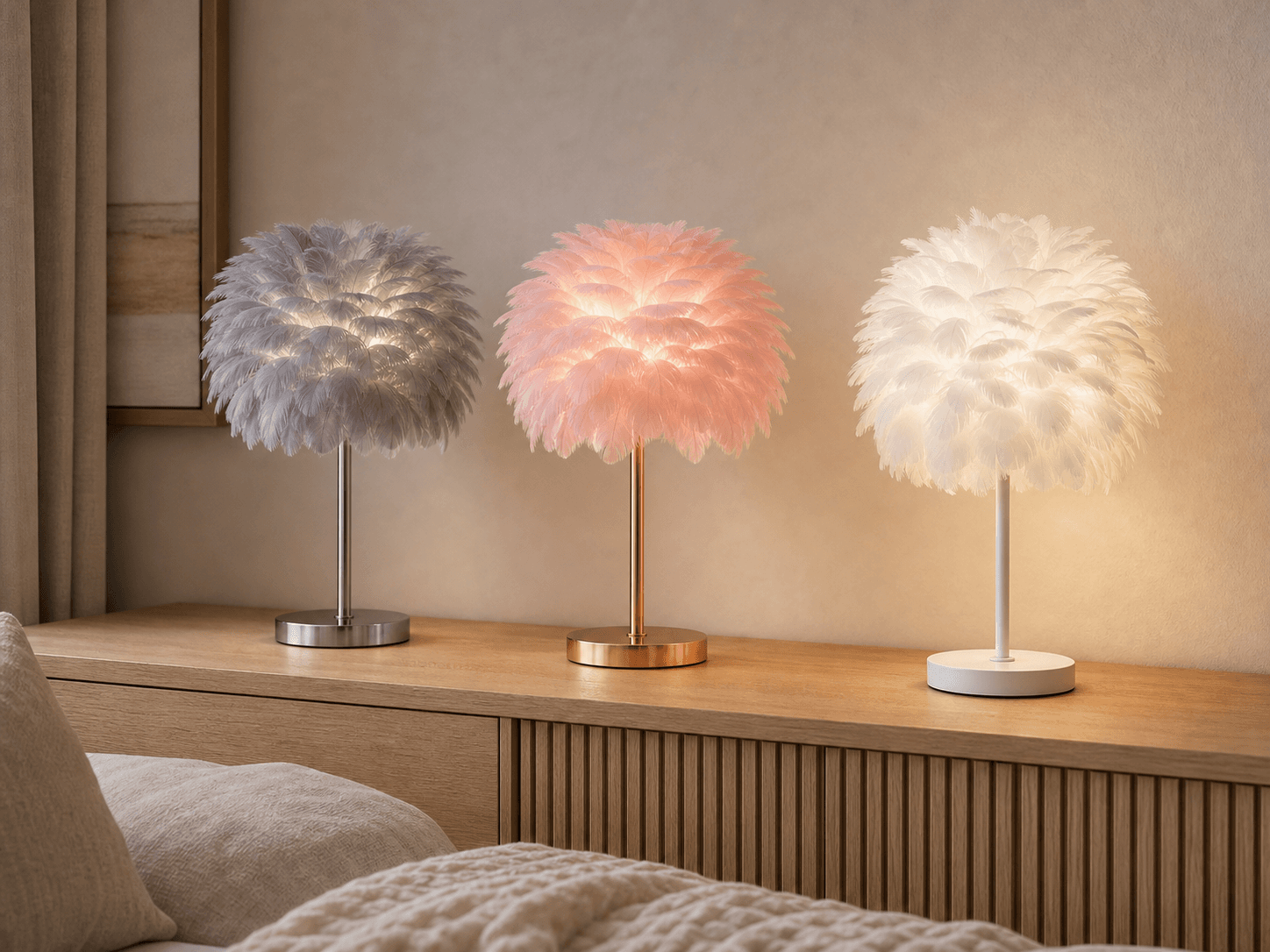 Feather Table Lamp styled on a quiet bedside