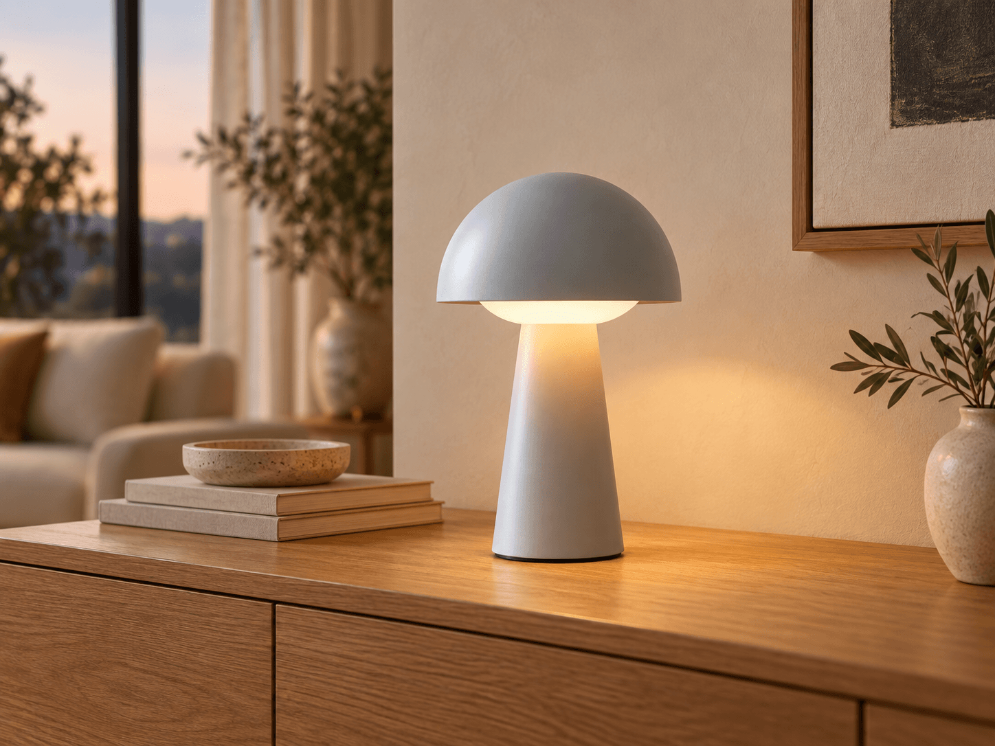 Rechargeable Mushroom Table Lamp styled on a quiet bedside