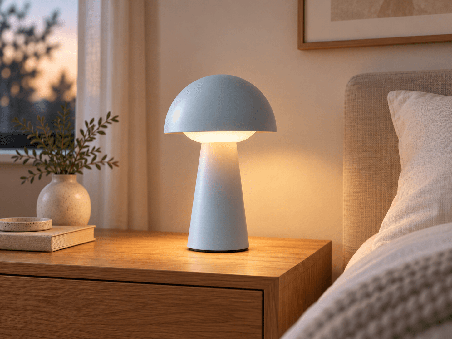 Rechargeable Mushroom Table Lamp styled beside the sofa