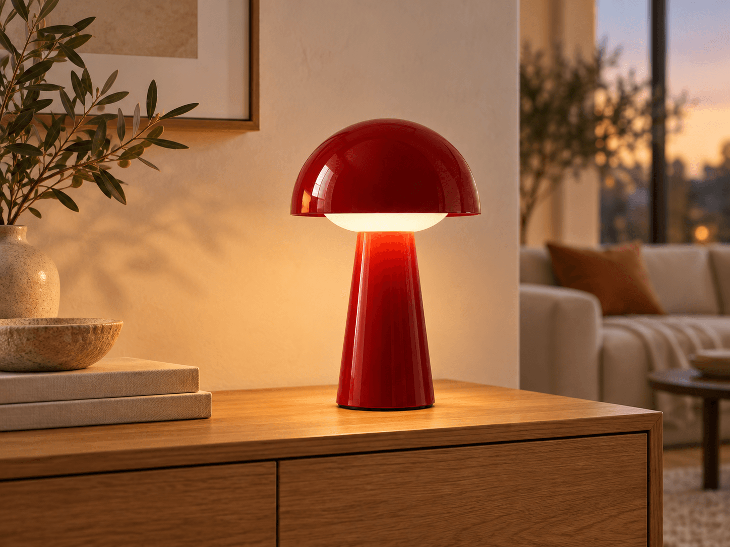 Rechargeable Mushroom Table Lamp styled on a window console
