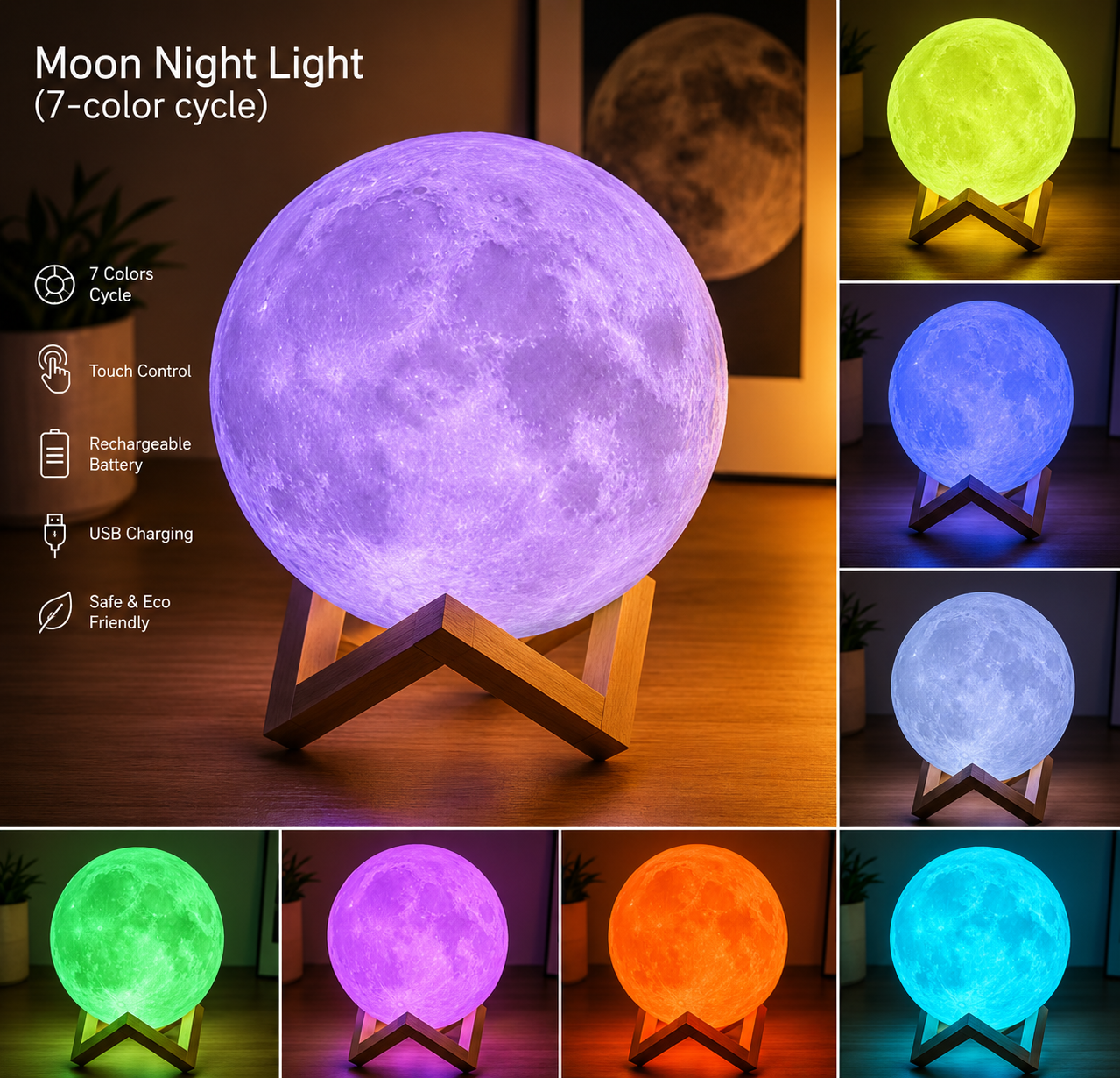3D Moon Night Light – 16 - Colour LED Lunar Lamp with Wooden Stand - Lumière HomeNight Light