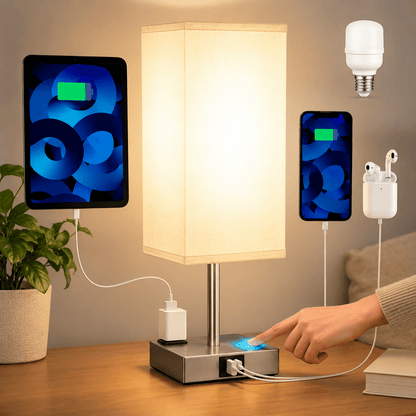 Bedside Lamp with USB Charging & AC Outlets – 3 - Way Dimmable - Lumière HomeTable Lamp