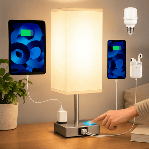 Bedside Lamp with USB Charging & AC Outlets – 3 - Way Dimmable - Lumière HomeTable Lamp