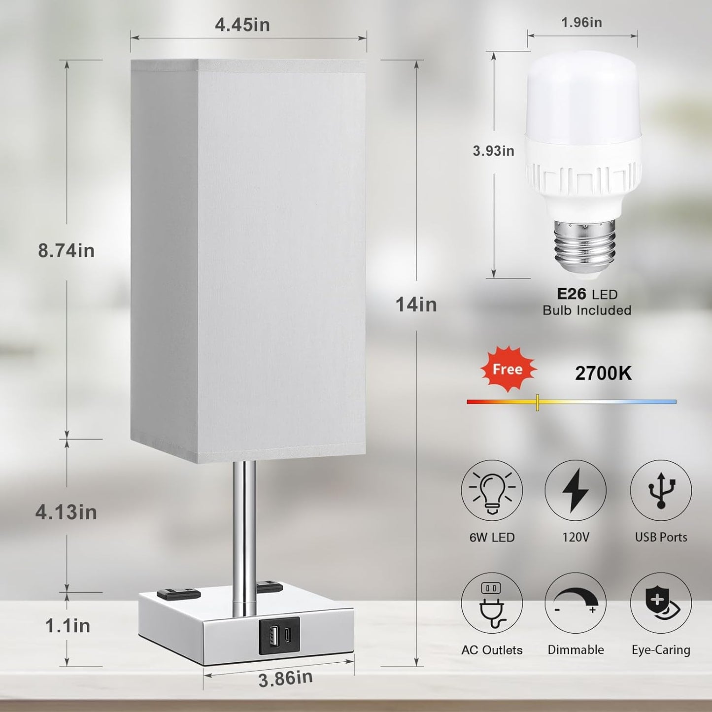Bedside Lamp with USB Charging & AC Outlets – 3 - Way Dimmable - Lumière HomeTable Lamp