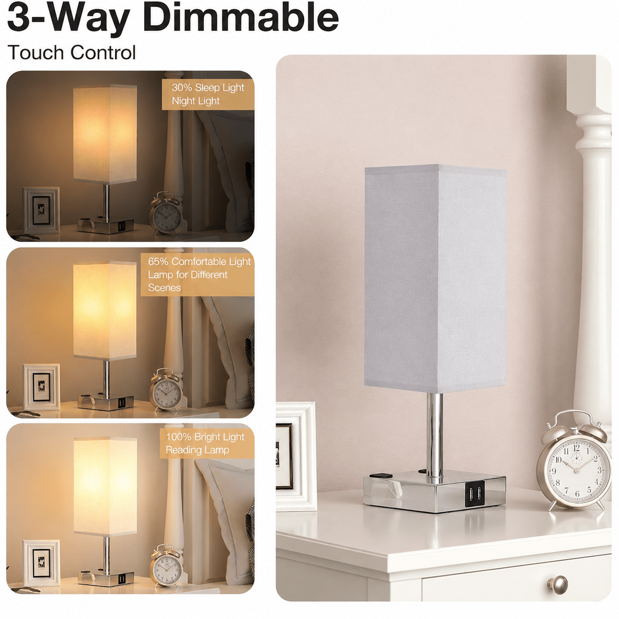 Bedside Lamp with USB Charging & AC Outlets – 3 - Way Dimmable - Lumière HomeTable Lamp