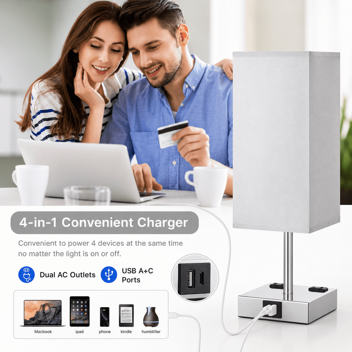 Bedside Lamp with USB Charging & AC Outlets – 3 - Way Dimmable - Lumière HomeTable Lamp