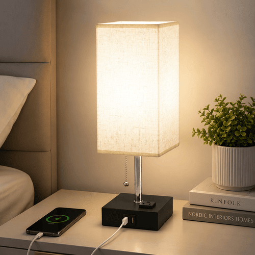 Bedside Table Lamp with USB Ports & AC Outlet – Minimalist LED Nightstand Lamp - Lumière HomeTable Lamp