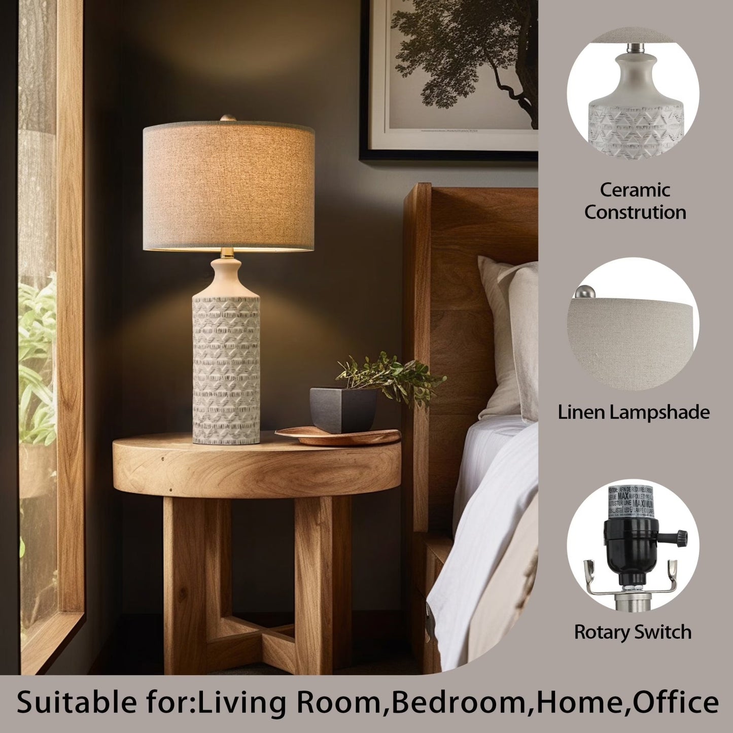 Ceramic Table Lamp Set of 2 – Farmhouse Bedside Lamps with Linen Shade - Lumière HomeTable Lamp