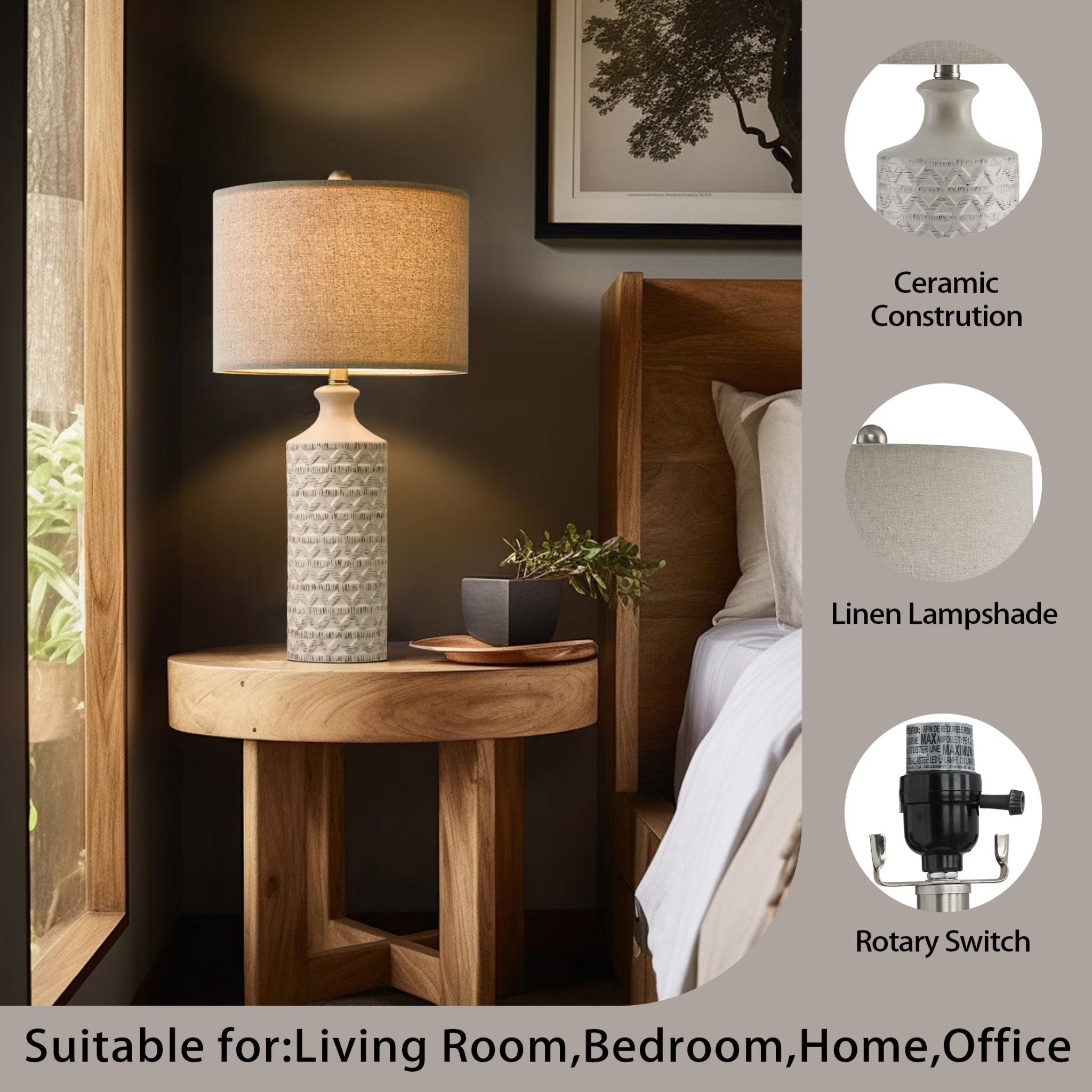 Ceramic Table Lamp Set of 2 – Farmhouse Bedside Lamps with Linen Shade - Lumière HomeTable Lamp