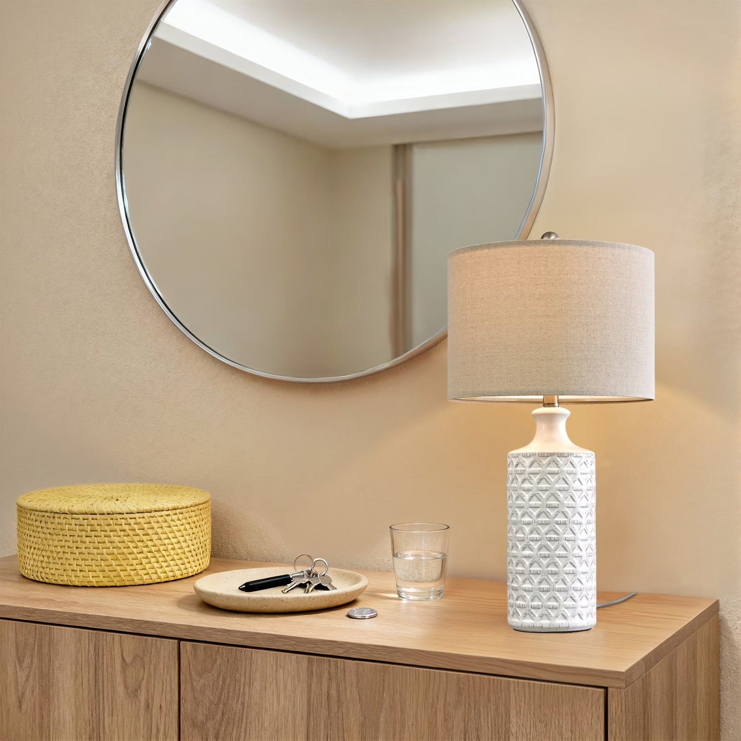 Ceramic Table Lamp Set of 2 – Farmhouse Bedside Lamps with Linen Shade - Lumière HomeTable Lamp