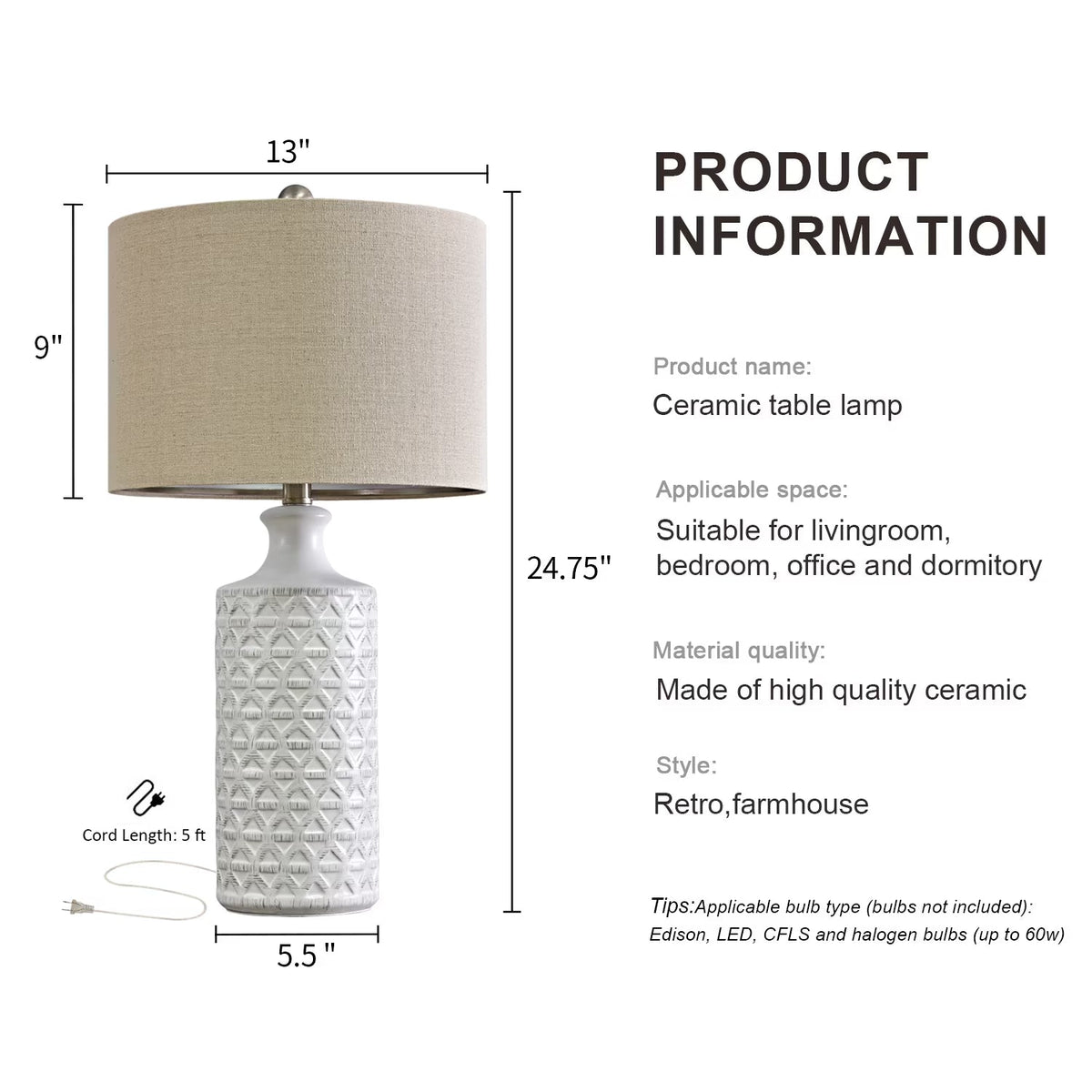 Ceramic Table Lamp Set of 2 – Farmhouse Bedside Lamps with Linen Shade - Lumière HomeTable Lamp