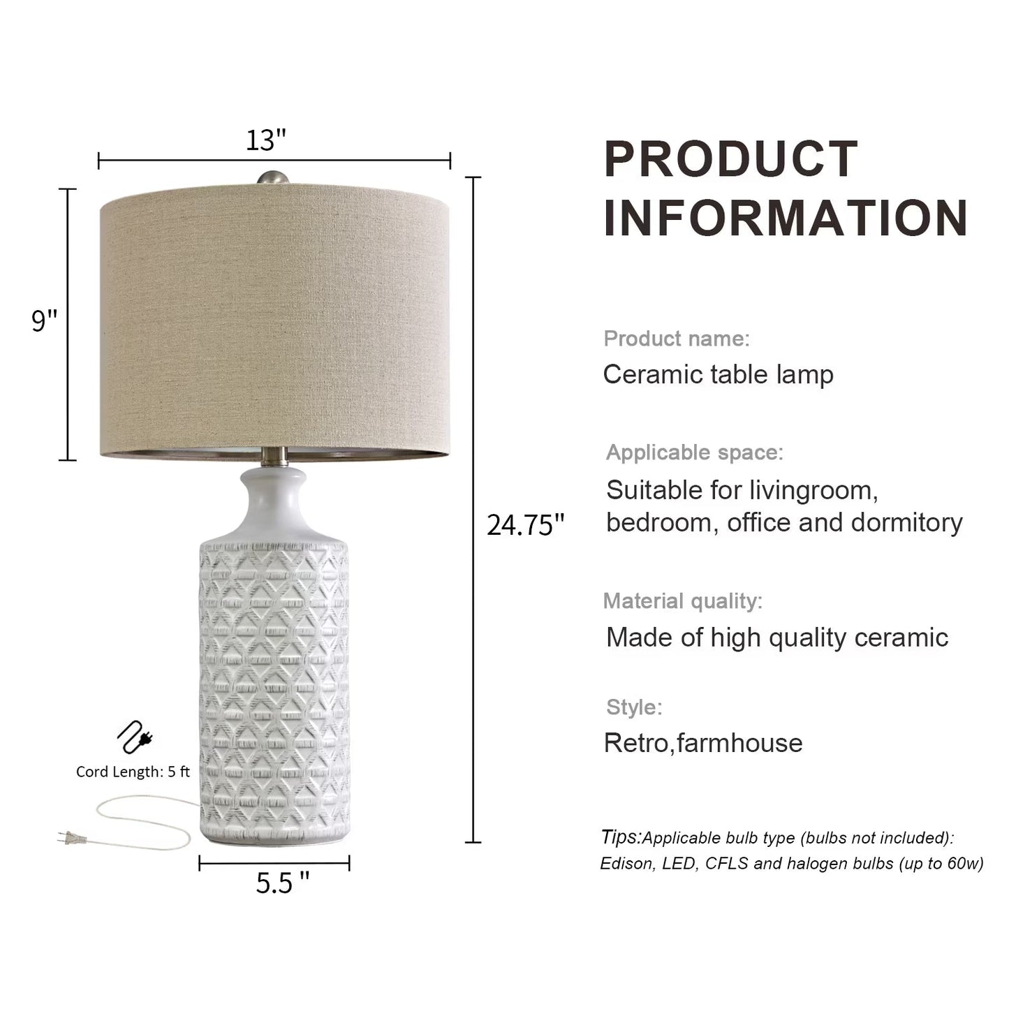 Ceramic Table Lamp Set of 2 – Farmhouse Bedside Lamps with Linen Shade - Lumière HomeTable Lamp
