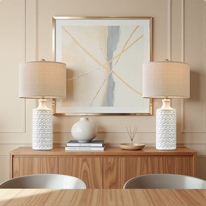 Ceramic Table Lamp Set of 2 – Farmhouse Bedside Lamps with Linen Shade - Lumière HomeTable Lamp