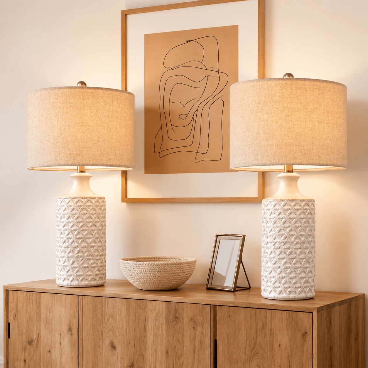 Ceramic Table Lamp Set of 2 – Farmhouse Bedside Lamps with Linen Shade - Lumière HomeTable Lamp