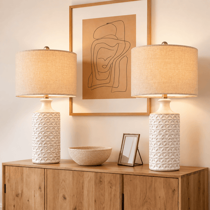 Ceramic Table Lamp Set of 2 – Farmhouse Bedside Lamps with Linen Shade - Lumière HomeTable Lamp