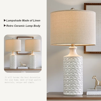 Ceramic Table Lamp Set of 2 – Farmhouse Bedside Lamps with Linen Shade - Lumière HomeTable Lamp