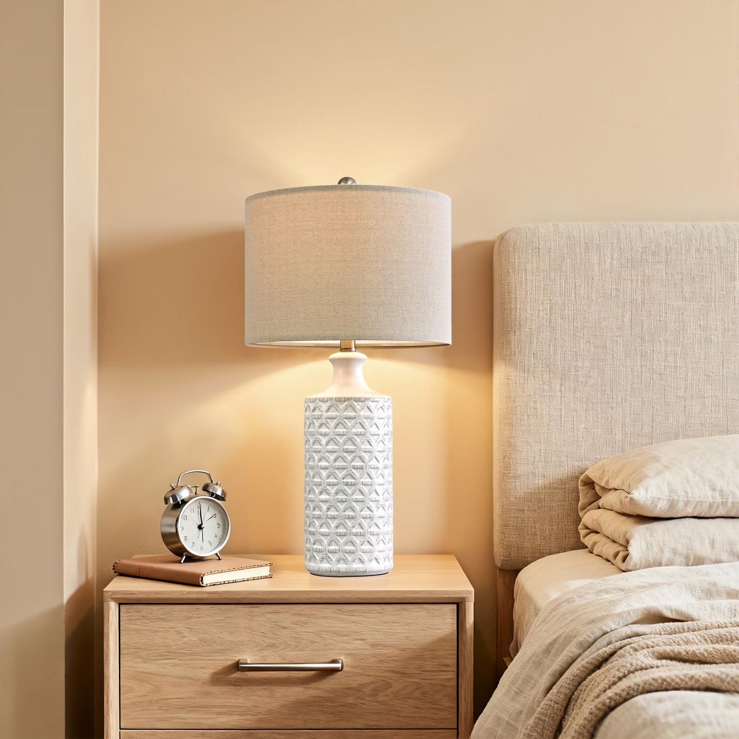Ceramic Table Lamp Set of 2 – Farmhouse Bedside Lamps with Linen Shade - Lumière HomeTable Lamp
