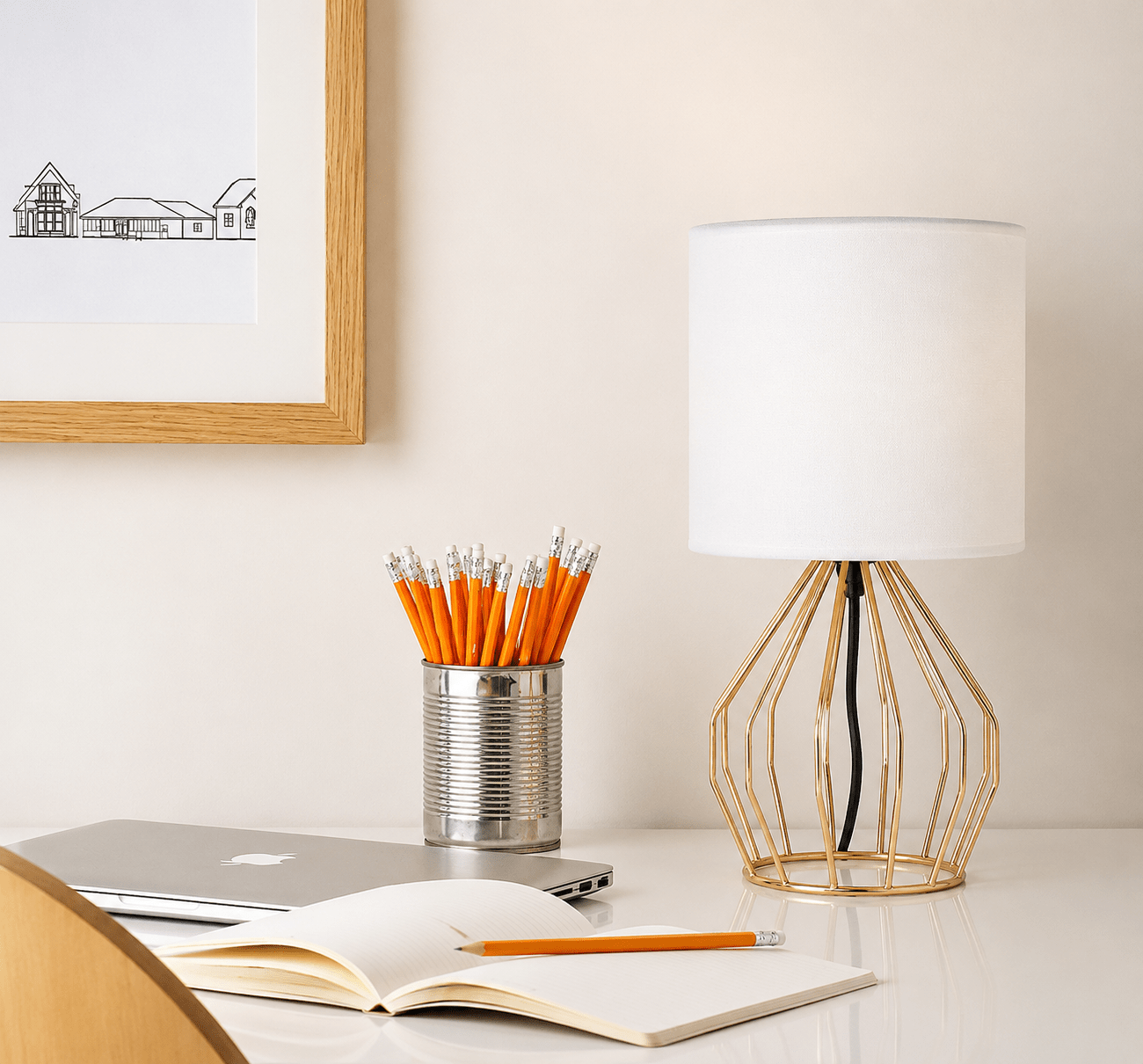 Gold Bedside Table Lamp – Hollowed Base with Linen Shade - Lumière HomeTable Lamp