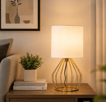 Gold Bedside Table Lamp – Hollowed Base with Linen Shade - Lumière HomeTable Lamp