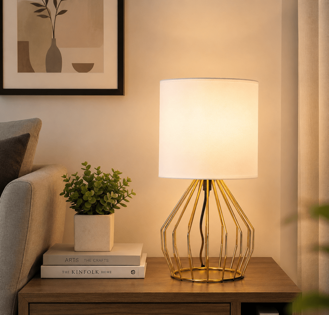 Gold Bedside Table Lamp – Hollowed Base with Linen Shade - Lumière HomeTable Lamp