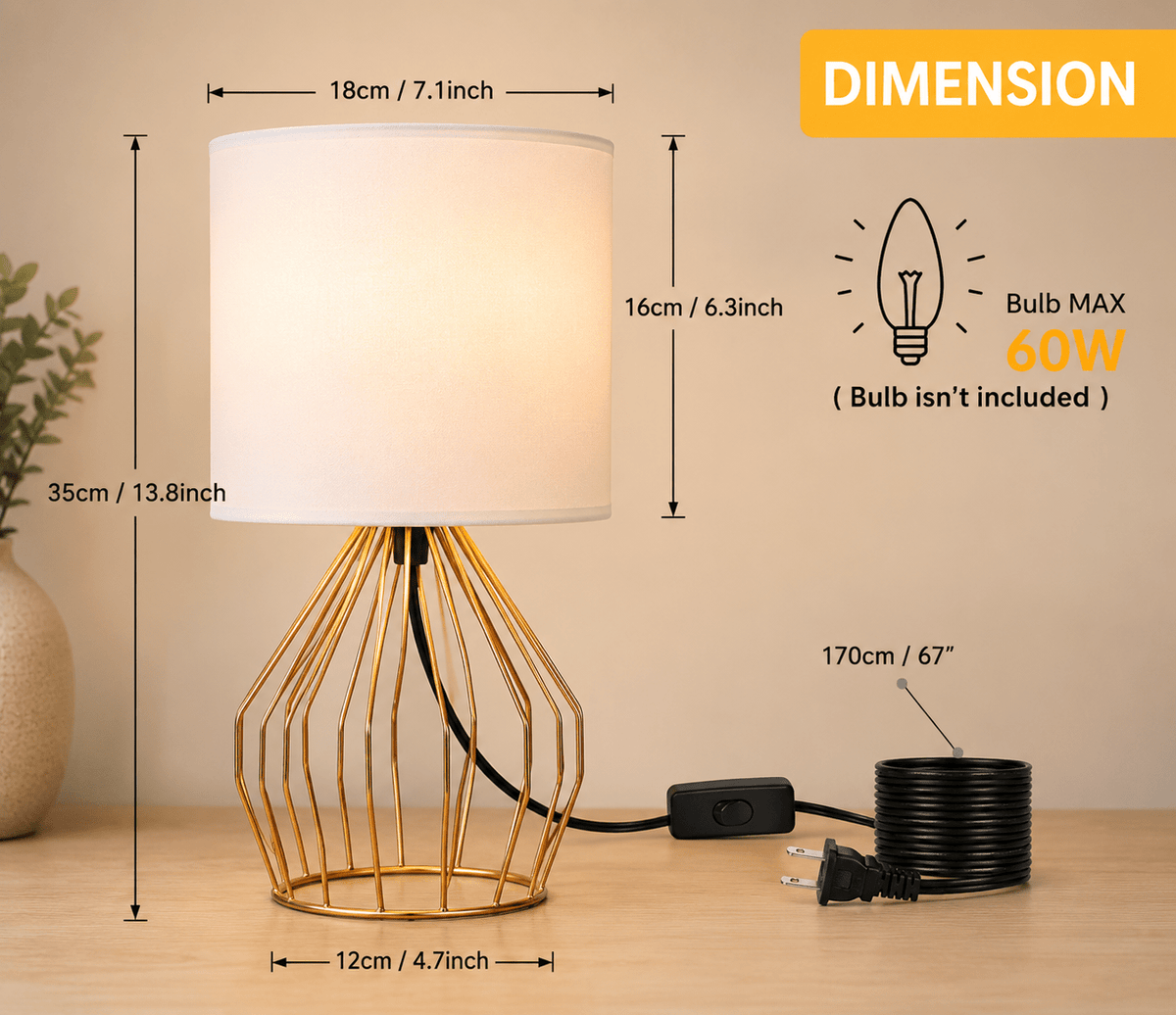 Gold Bedside Table Lamp – Hollowed Base with Linen Shade - Lumière HomeTable Lamp