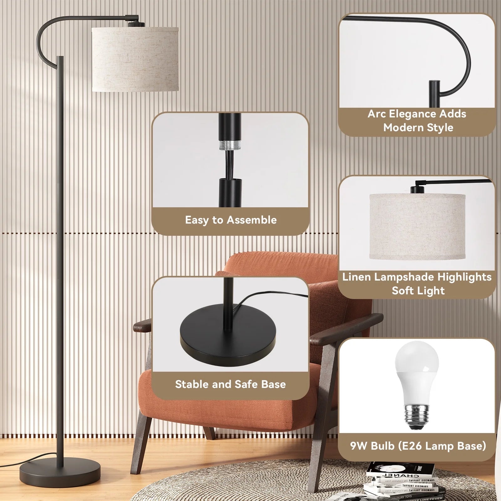 Modern Arc Floor Lamp – 63" Dimmable Standing Lamp with Linen Shade - Lumière HomeFloor Lamp