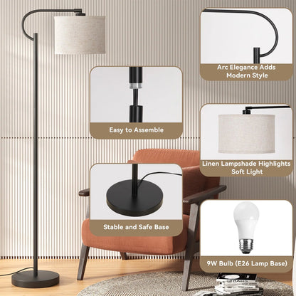 Modern Arc Floor Lamp – 63" Dimmable Standing Lamp with Linen Shade - Lumière HomeFloor Lamp