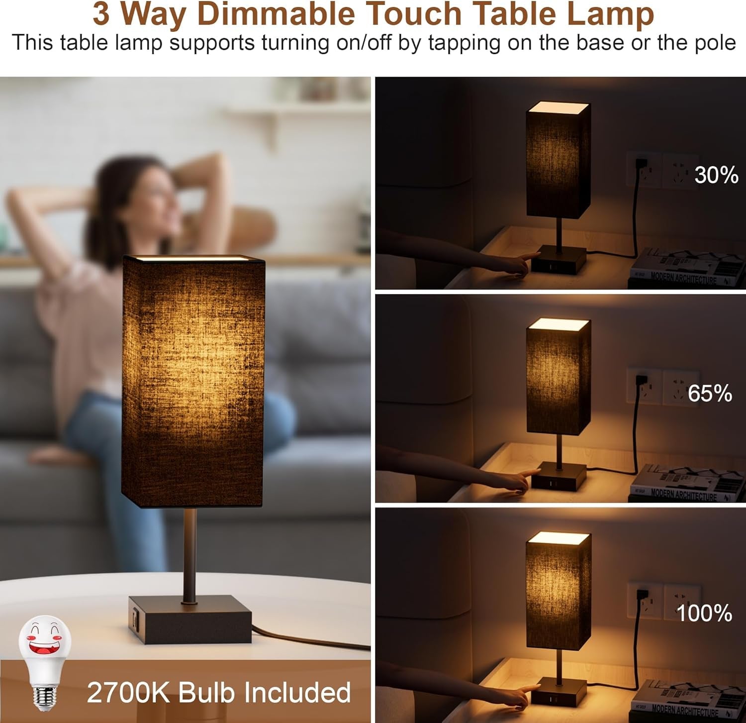 Touch Bedside Lamp with USB Charging Ports – 3 - Way Dimmable - Lumière HomeTable Lamp