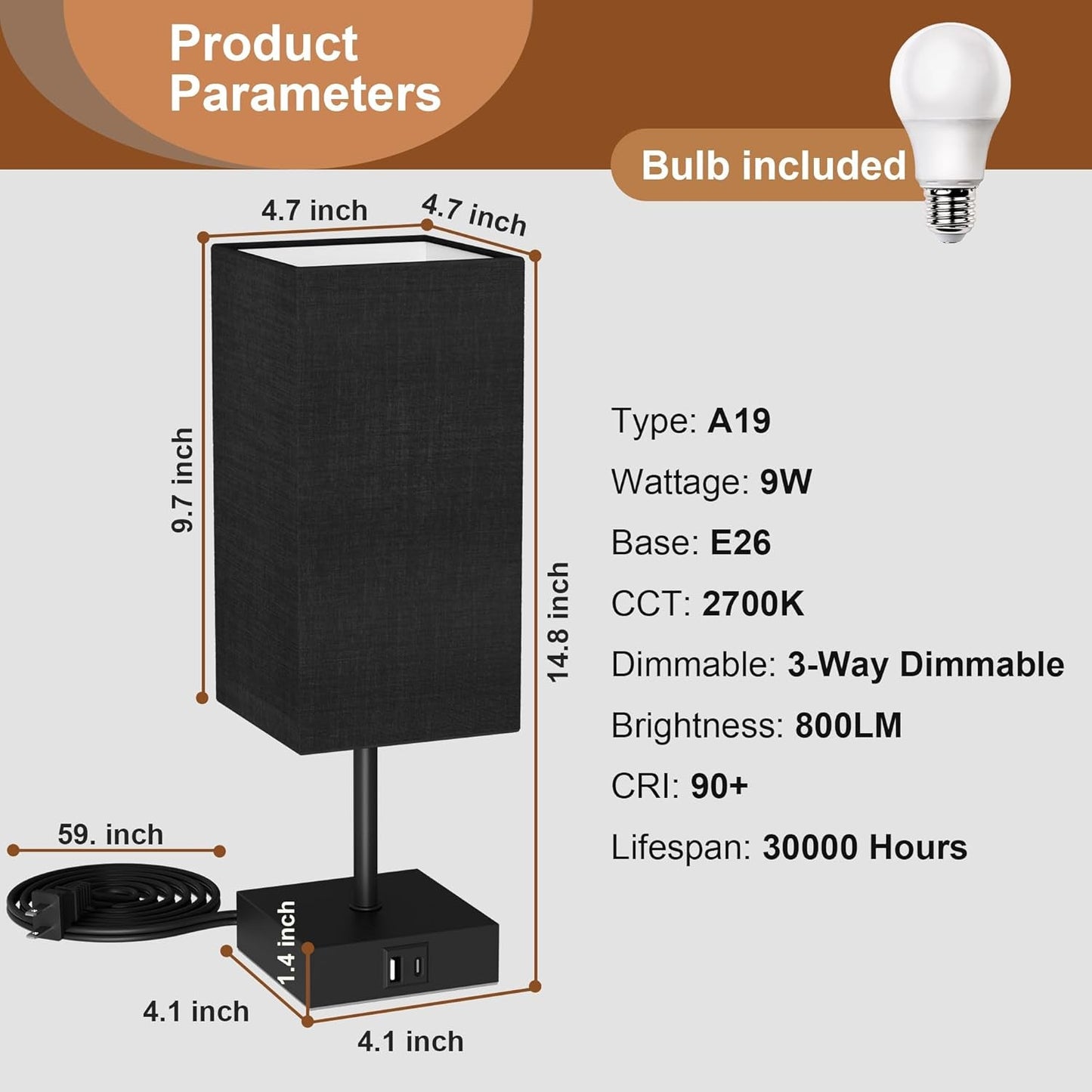 Touch Bedside Lamp with USB Charging Ports – 3 - Way Dimmable - Lumière HomeTable Lamp