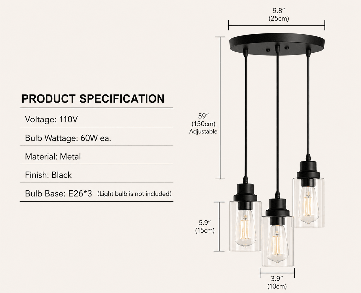Vintage 3 - Light Black Glass Pendant Light – Cluster Ceiling Fixture - Lumière HomePendant Light