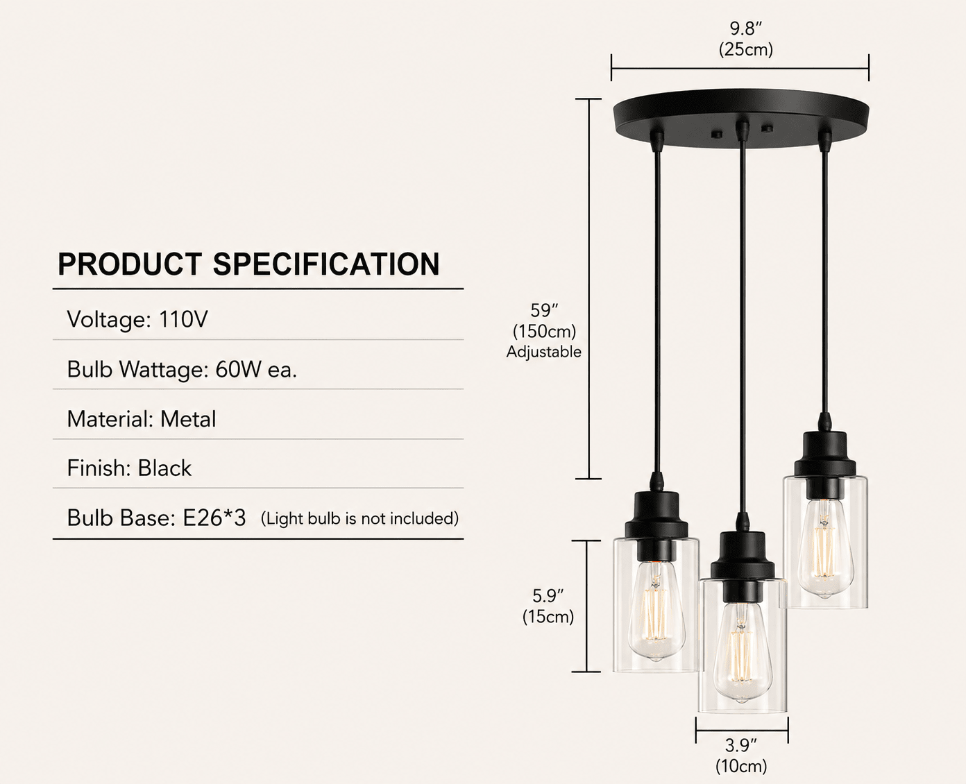 Vintage 3 - Light Black Glass Pendant Light – Cluster Ceiling Fixture - Lumière HomePendant Light