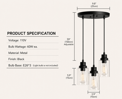 Vintage 3 - Light Black Glass Pendant Light – Cluster Ceiling Fixture - Lumière HomePendant Light